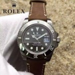 ROLEX-064 潮流男士鈦色潛水SUB系列黑色陶瓷圈皮帶款瑞士2836機芯腕錶