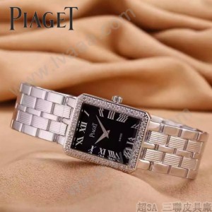 Piaget-026-14 時尚女士鑽石系列閃亮銀配黑色珍珠貝母面進口石英腕錶