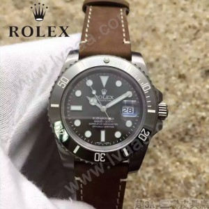 ROLEX-064 潮流男士鈦色潛水SUB系列黑色陶瓷圈皮帶款瑞士2836機芯腕錶