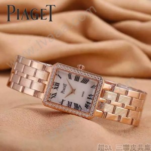 Piaget-026-10 時尚女士鑽石系列玫瑰金配白色珍珠貝母面進口石英腕錶