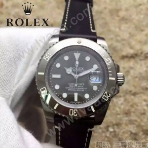 ROLEX-064-2 潮流男士鈦色潛水SUB系列黑色陶瓷圈皮帶款瑞士2836機芯腕錶