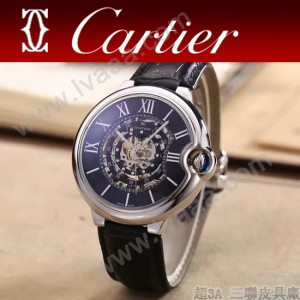 CARTIER-309-2 時尚男士藍氣球系列閃亮銀配黑底圓形鏤空全自動機械腕錶
