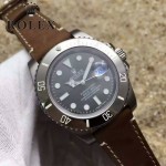 ROLEX-064 潮流男士鈦色潛水SUB系列黑色陶瓷圈皮帶款瑞士2836機芯腕錶