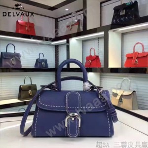 Delvaux-014-4 百搭新款手工車線brillan藍色原版TOGO皮橫款大號手袋