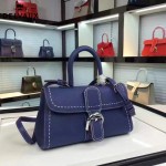 Delvaux-014-4 百搭新款手工車線brillan藍色原版TOGO皮橫款大號手袋