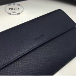 PRADA 1MH132 時尚商務女士原單深藍色牙籤紋搭扣長款錢包