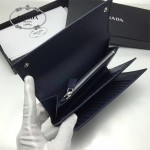 PRADA 1MH132 時尚商務女士原單深藍色牙籤紋搭扣長款錢包