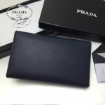 PRADA 1MH132 時尚商務女士原單深藍色牙籤紋搭扣長款錢包