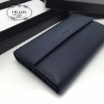 PRADA 1MH132 時尚商務女士原單深藍色牙籤紋搭扣長款錢包