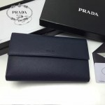 PRADA 1MH132 時尚商務女士原單深藍色牙籤紋搭扣長款錢包