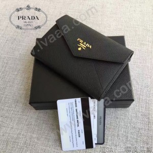 PRADA 1MH002-2 人氣熱銷款原單黑色十字紋信封款三折錢包