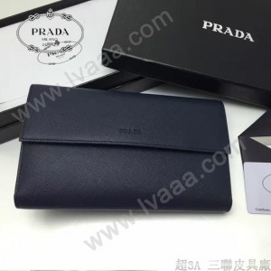 PRADA 1MH132 時尚商務女士原單深藍色牙籤紋搭扣長款錢包