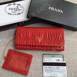 PRADA 1MH132-7 新款女士Gaufré紅色原版皺褶羊皮搭扣長款錢包