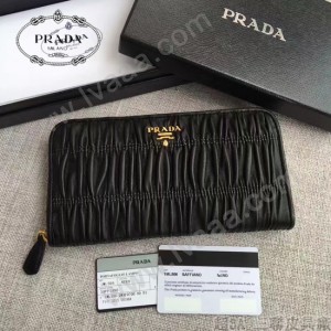 PRADA 1ML506-11 人氣熱銷175代工黑色原版羊皮長款拉鏈錢包