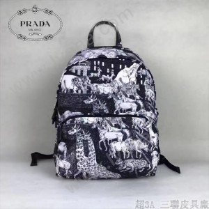 Prada-2V0066 黑色森林圖案進口降落傘尼龍材質雙肩包背包