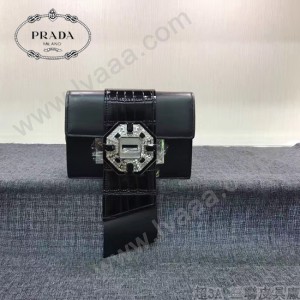 PRADA 1BD067 高貴奢華純手工鉆扣原版黑色小牛皮拼鱷魚紋單肩斜挎包