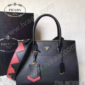 PRADA 1BA102-3 專櫃最新設計黑色拼色原版十字紋手提單肩包風琴包