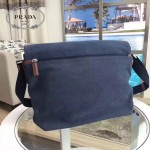 Prada-VA0887 藍色洗水布原廠代工帆布材質搭配牛皮男士斜挎包