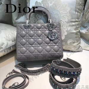 DIOR-004-5 專櫃限量版五格灰色原版小羊皮配鑽石肩帶手提單肩包戴妃包