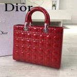 DIOR-007-3 人氣經典款女士七格紅色原版漆皮銀扣手提單肩包戴妃包