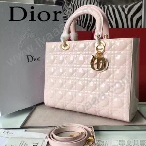 DIOR-007-2 人氣經典款女士七格粉色原版漆皮金扣手提單肩包戴妃包