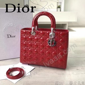 DIOR-007-3 人氣經典款女士七格紅色原版漆皮銀扣手提單肩包戴妃包