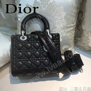 DIOR-004-3 專櫃限量版五格黑色原版小羊皮配鑽石肩帶手提單肩包戴妃包