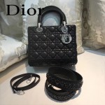 DIOR-004 專櫃限量版五格黑色原版小羊皮配鑽石肩帶手提單肩包戴妃包