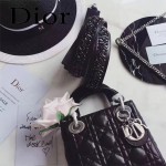 DIOR-006-4 專櫃新品限量版三格黑色原版羊皮配鑽石肩帶迷你戴妃包
