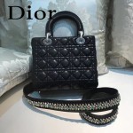 DIOR-004-6 專櫃限量版五格黑色原版小羊皮配鑽石肩帶手提單肩包戴妃包