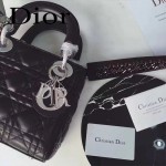 DIOR-006-4 專櫃新品限量版三格黑色原版羊皮配鑽石肩帶迷你戴妃包