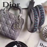 DIOR-006 專櫃新品限量版三格灰色原版羊皮配鑽石肩帶迷你戴妃包