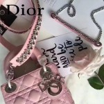 DIOR-006-3 專櫃新品限量版三格粉色原版羊皮配鑽石肩帶迷你戴妃包