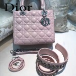 DIOR-004-4 專櫃限量版五格粉色原版小羊皮配鑽石肩帶手提單肩包戴妃包