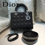 DIOR-004-6 專櫃限量版五格黑色原版小羊皮配鑽石肩帶手提單肩包戴妃包