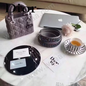 DIOR-006 專櫃新品限量版三格灰色原版羊皮配鑽石肩帶迷你戴妃包