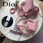 DIOR-006-3 專櫃新品限量版三格粉色原版羊皮配鑽石肩帶迷你戴妃包