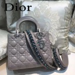 DIOR-004-5 專櫃限量版五格灰色原版小羊皮配鑽石肩帶手提單肩包戴妃包