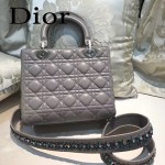 DIOR-004-5 專櫃限量版五格灰色原版小羊皮配鑽石肩帶手提單肩包戴妃包
