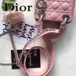 DIOR-006-3 專櫃新品限量版三格粉色原版羊皮配鑽石肩帶迷你戴妃包