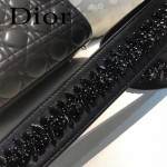 DIOR-004-3 專櫃限量版五格黑色原版小羊皮配鑽石肩帶手提單肩包戴妃包