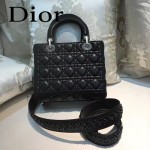 DIOR-004-3 專櫃限量版五格黑色原版小羊皮配鑽石肩帶手提單肩包戴妃包