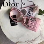 DIOR-006-3 專櫃新品限量版三格粉色原版羊皮配鑽石肩帶迷你戴妃包