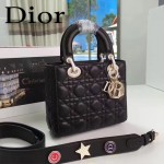 DIOR-0020-4 最新設計LADY四格黑色原版羊皮配三個徽章手提單肩包戴妃包