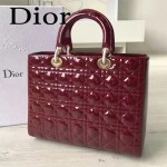 DIOR-007-4 人氣經典款女士七格棗紅色原版漆皮金扣手提單肩包戴妃包