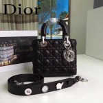 DIOR-0020-5 最新設計LADY四格黑色原版羊皮配三個徽章手提單肩包戴妃包