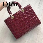 DIOR-007-4 人氣經典款女士七格棗紅色原版漆皮金扣手提單肩包戴妃包
