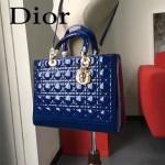 DIOR-007-5 人氣經典款女士七格藍色原版漆皮金扣手提單肩包戴妃包
