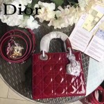 DIOR-0021-2 個性經典新款四格Lucky Badges棗紅色原版漆皮手提單肩包