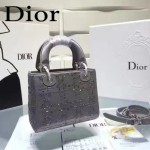 DIOR M44501 高級定制款銀灰色原版布料燙鑽迷你手提單肩包戴妃包